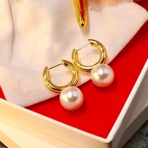 Big Imitation Pearl Gold Hoop Earrings